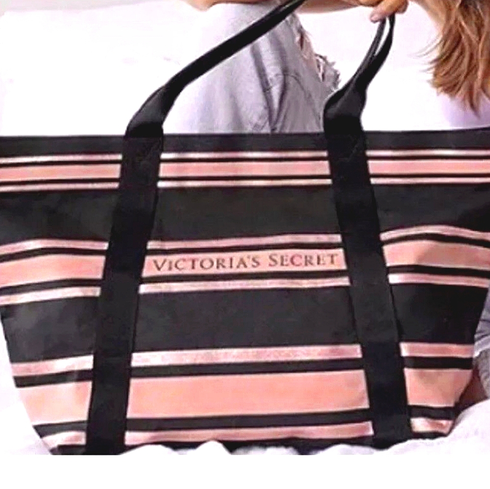 Victoria's secret tote peach , black, gold stripe